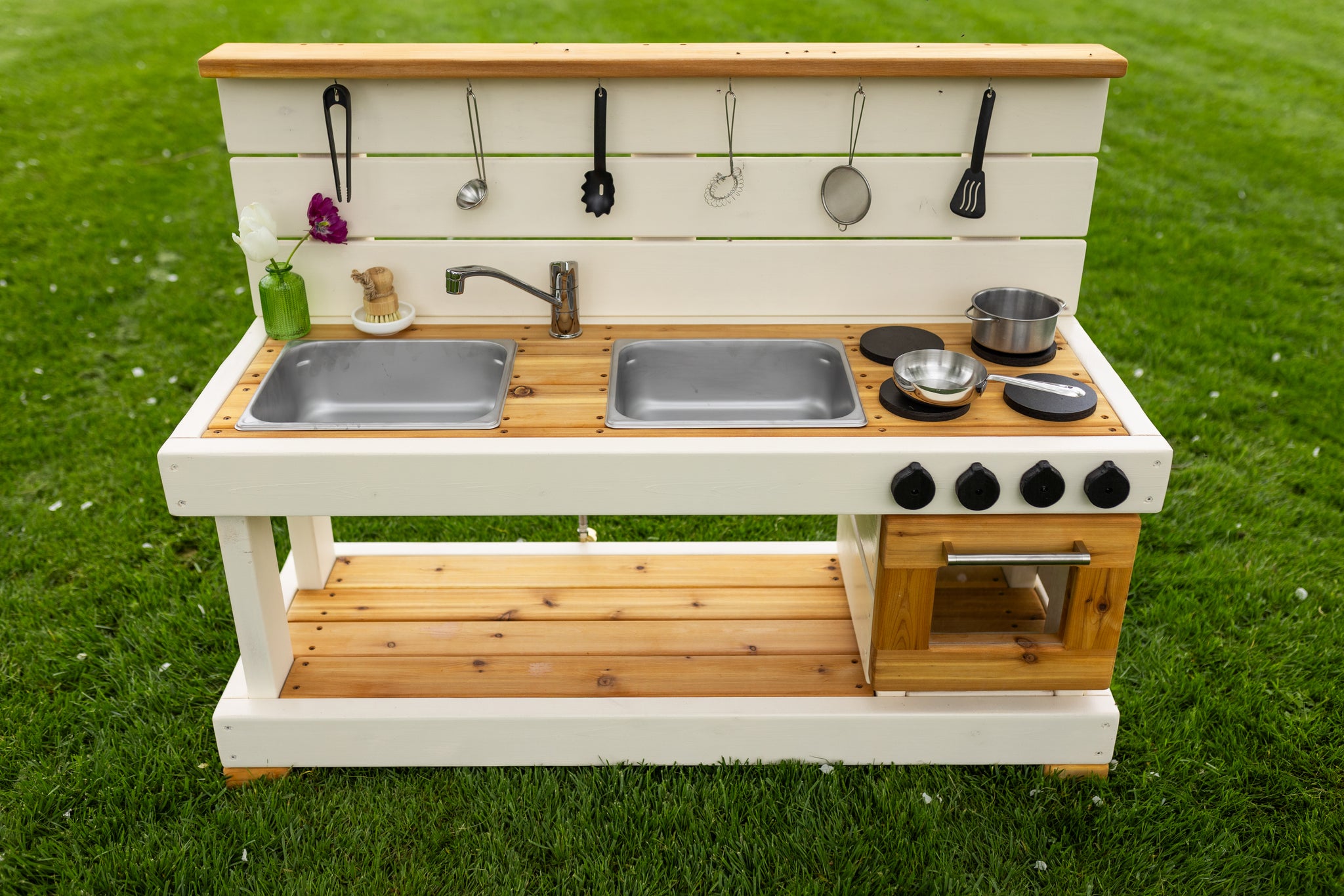Fancy Painted Mud Kitchen with Oven (Left Sinks) – Noble Wooden Toys